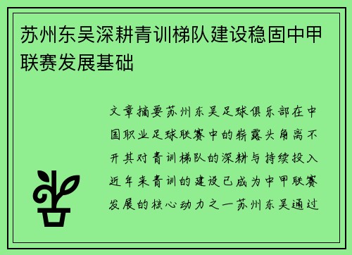 苏州东吴深耕青训梯队建设稳固中甲联赛发展基础 苏州东吴深耕青训梯队建设稳固中甲联赛发展基础